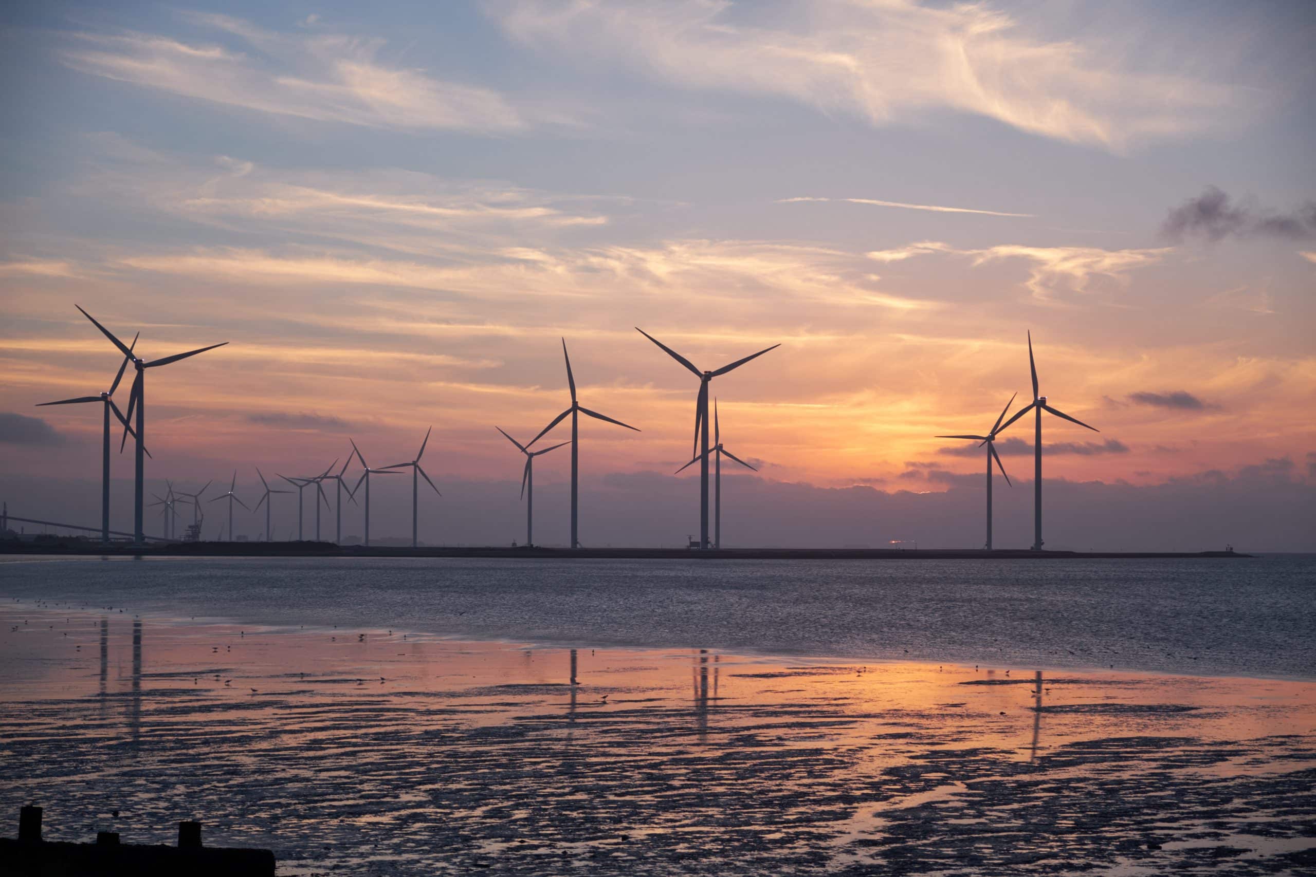 Wind turbines on the coast at sunset