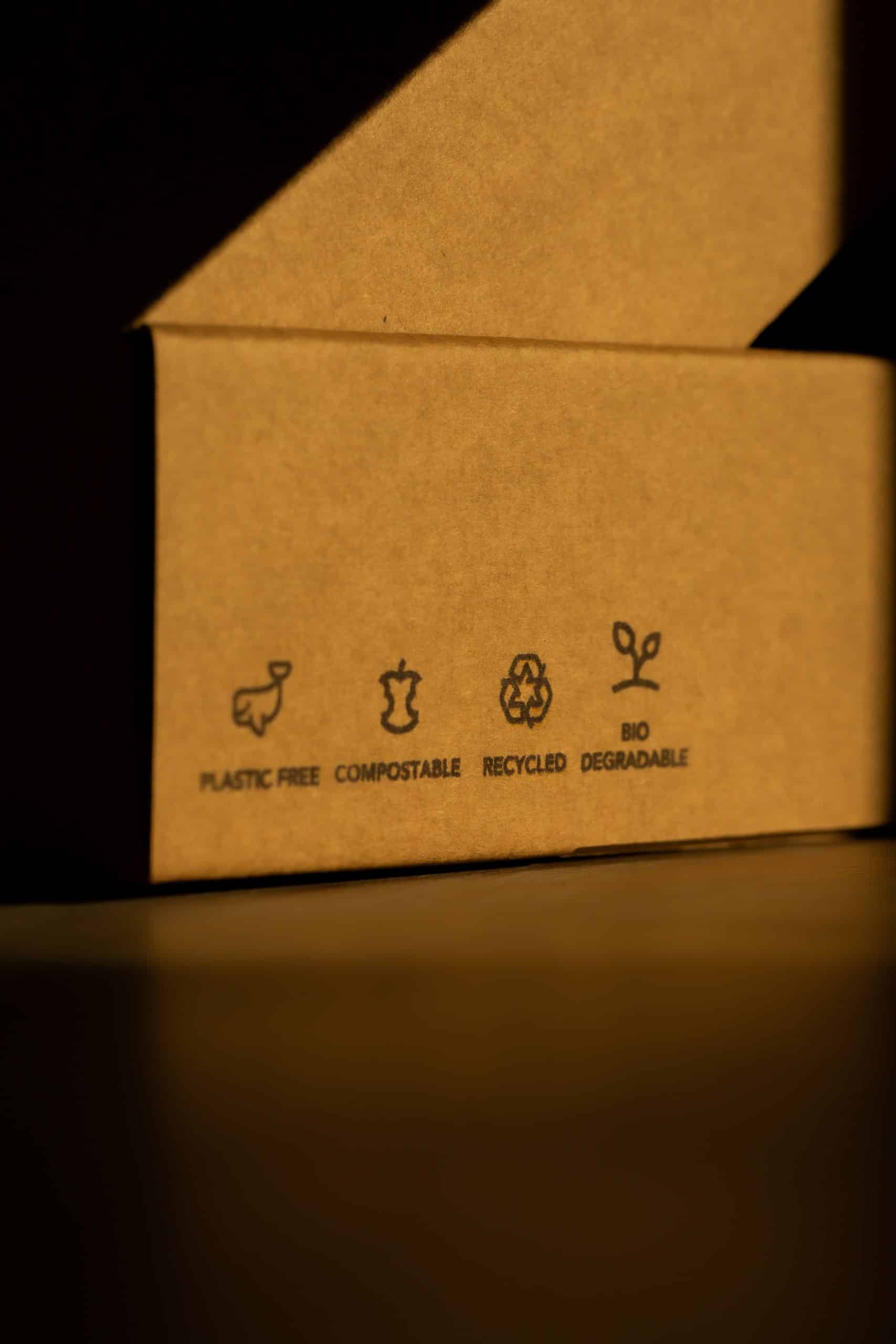 Cardboard box labelled as sustainable packaging