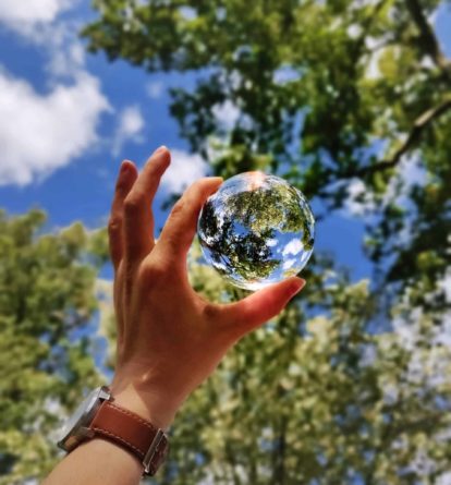 Hand holding a glass ball reflecting a view of tree tops and sky