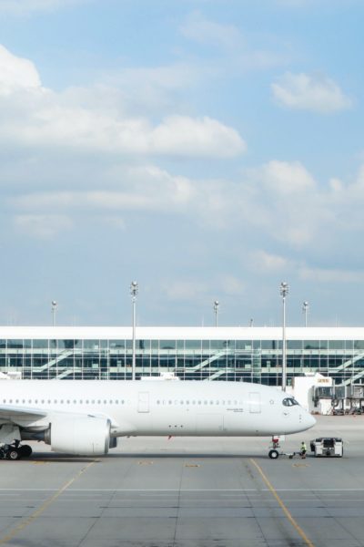 Commercial airplane outside an airport