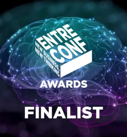 EntreConf awards logo and finalists over a futuristic brain