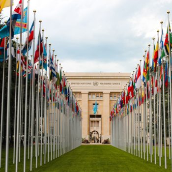 Country flags leading up to UN building