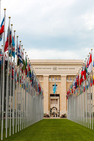 Country flags leading up to UN building