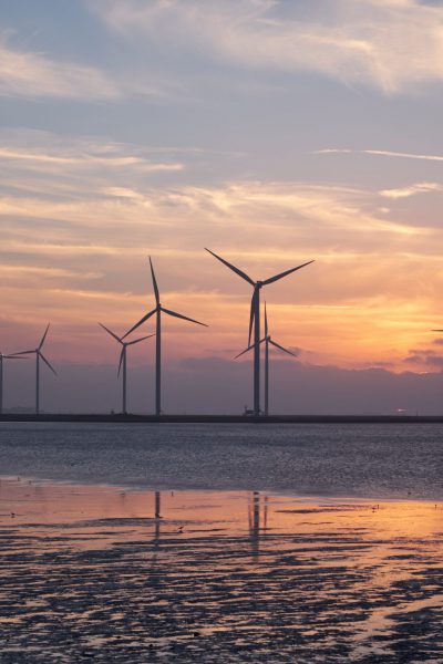 Wind turbines on the coast at sunset